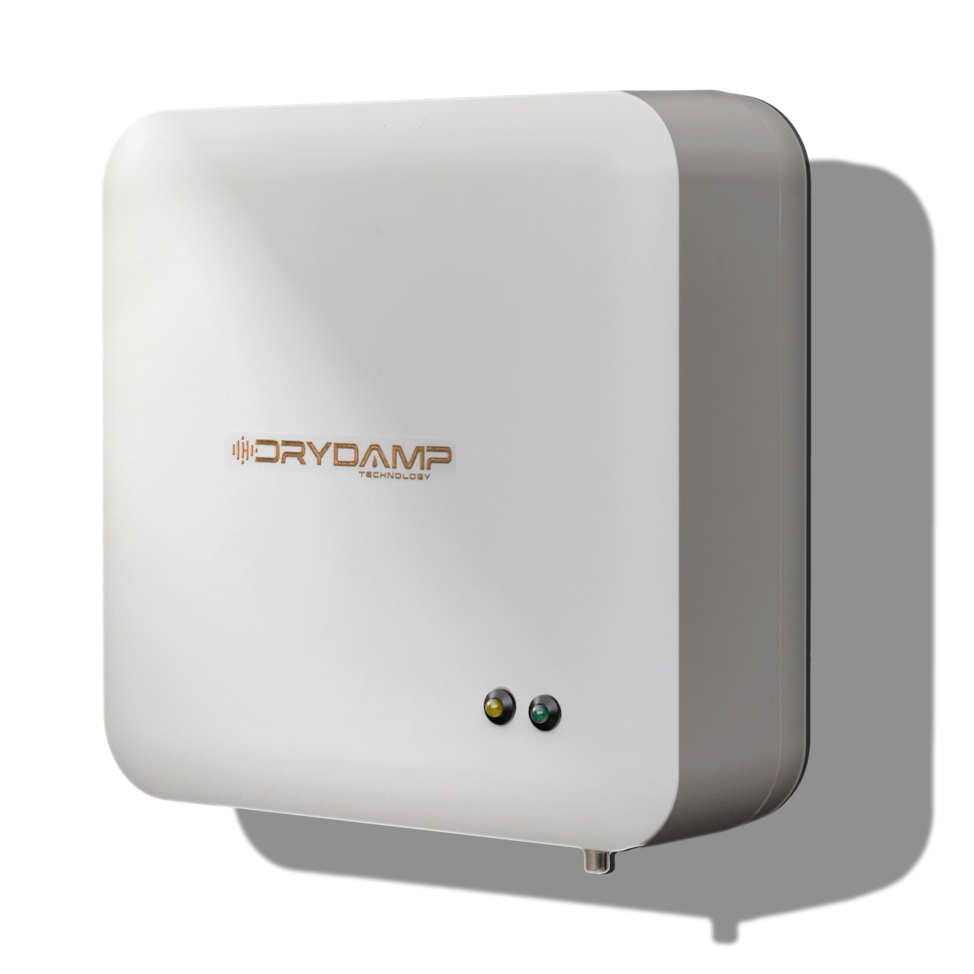 Il dispositivo Drydamp si presenta come una elegante scatola bianca di dimensioni contenute, con led di controllo.